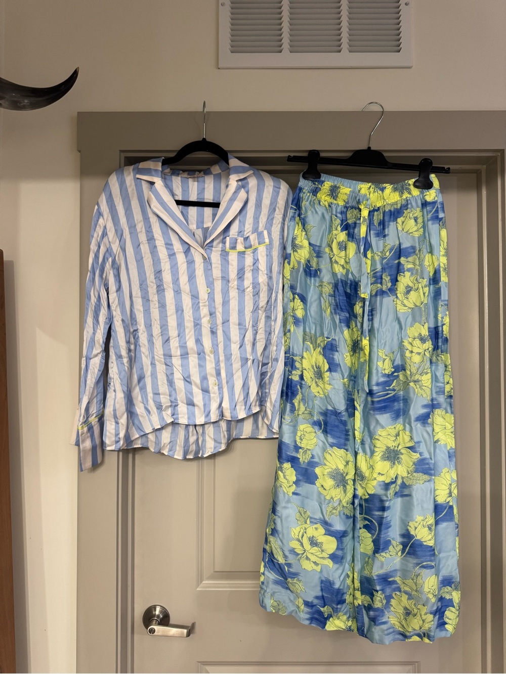 Light Blue Stripe and Floral Pajama Set - Blue & Yellow